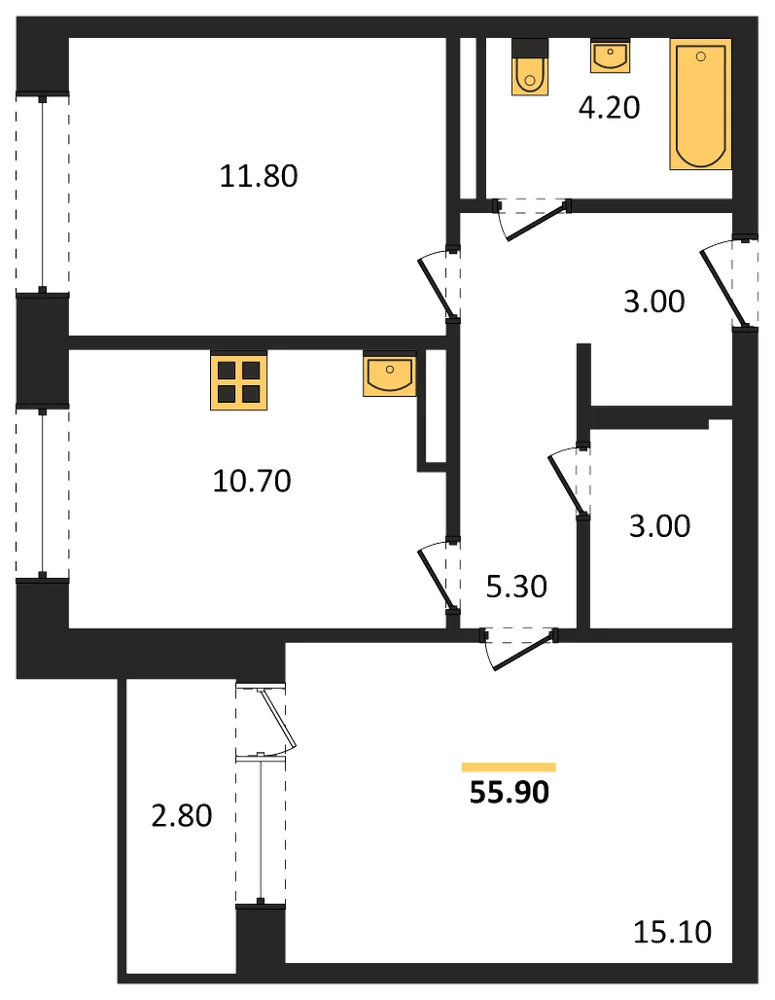 Планировка: 2-комн., 55,9 м²