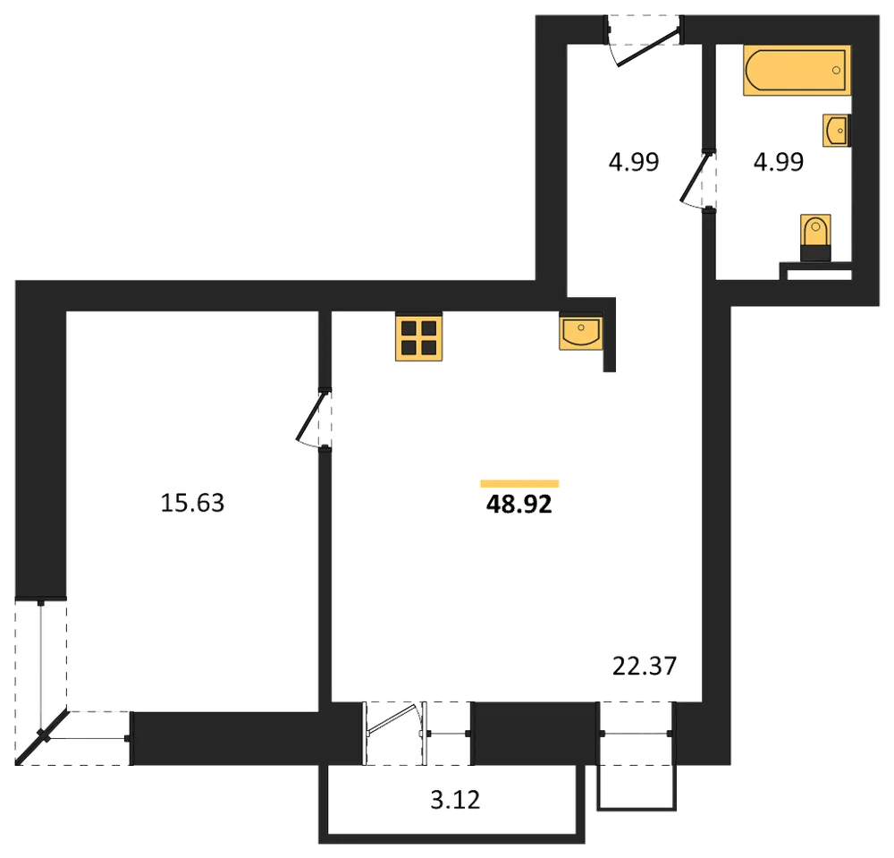 Планировка: 1-комн., 48,9 м²