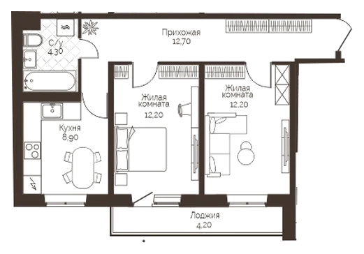 Планировка: 2-комн., 52,4 м²