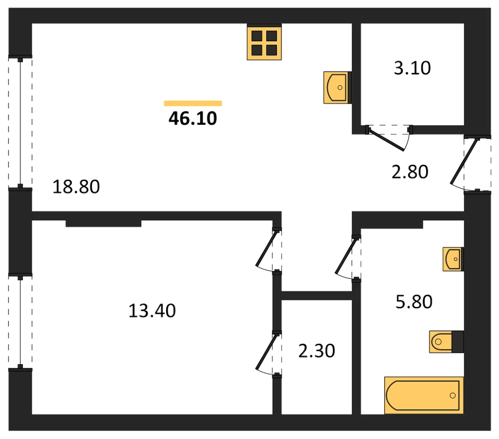 Планировка: 1-комн., 46,1 м²