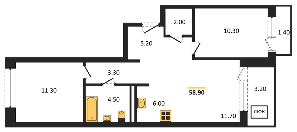 Планировка: 2-комн., 58,9 м²