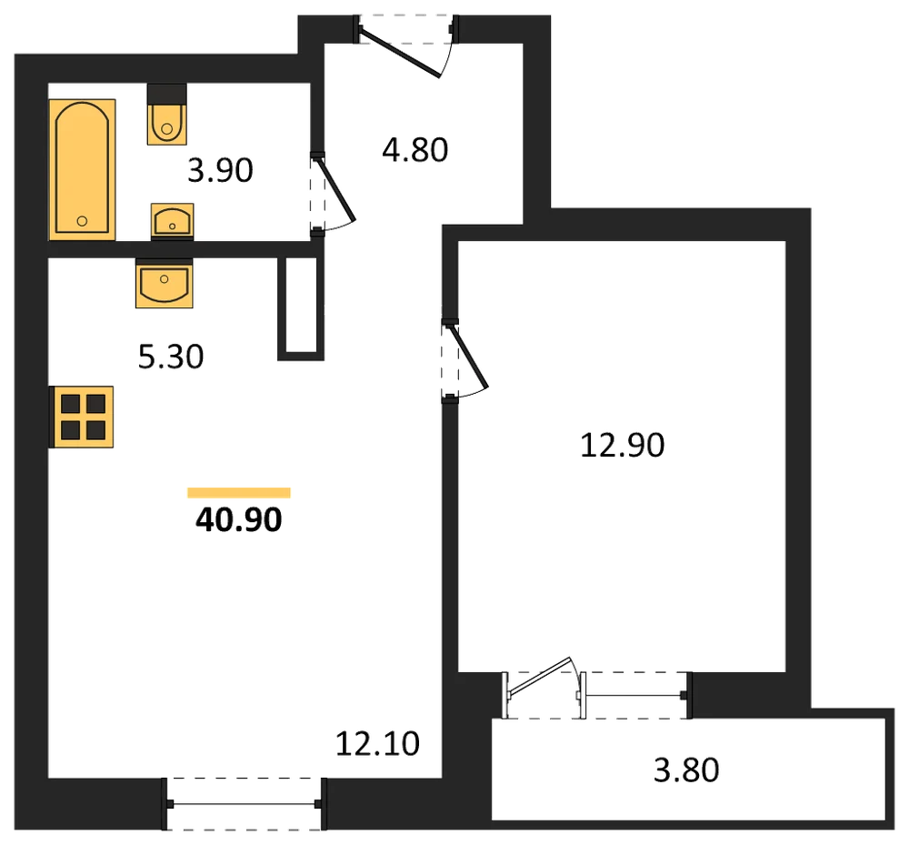 Планировка: 1-комн., 40,9 м²