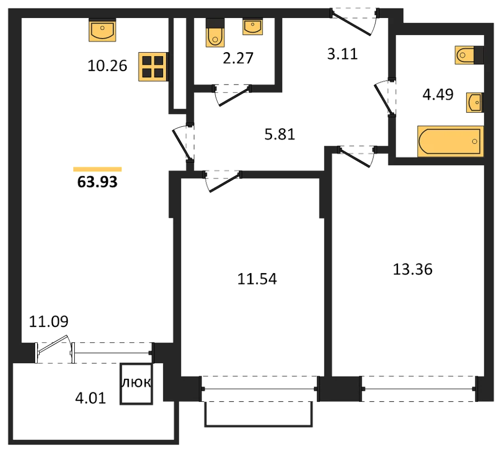 Планировка: 2-комн., 63,9 м²