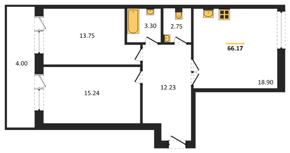 Планировка: 2-комн., 66 м²