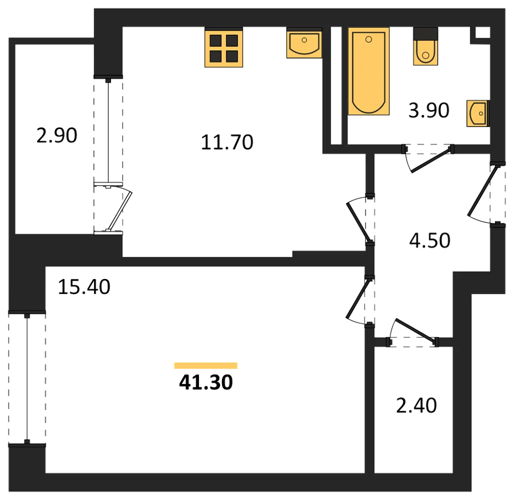 Планировка: 1-комн., 40,8 м²