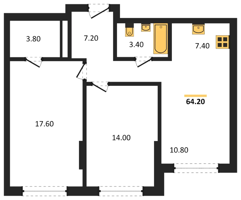 Планировка: 2-комн., 64,2 м²