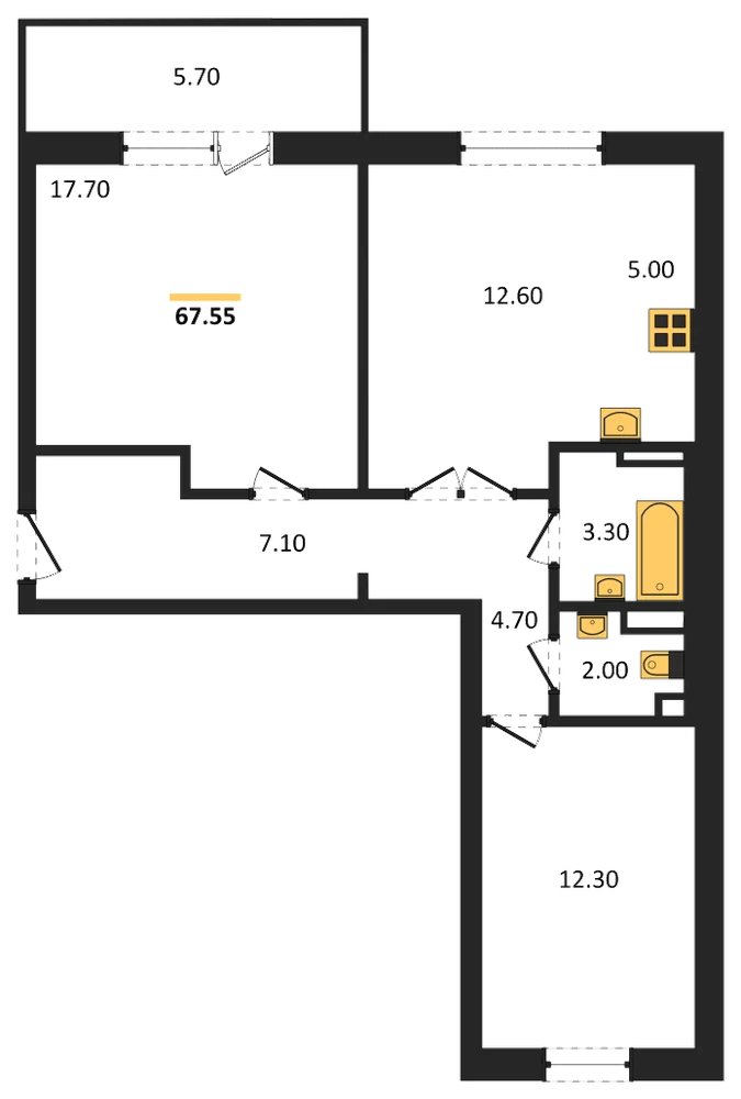 Планировка: 2-комн., 63,9 м²