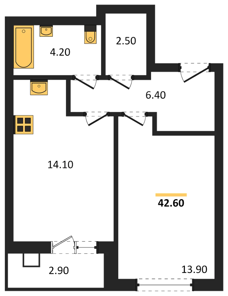 Планировка: 1-комн., 42,6 м²