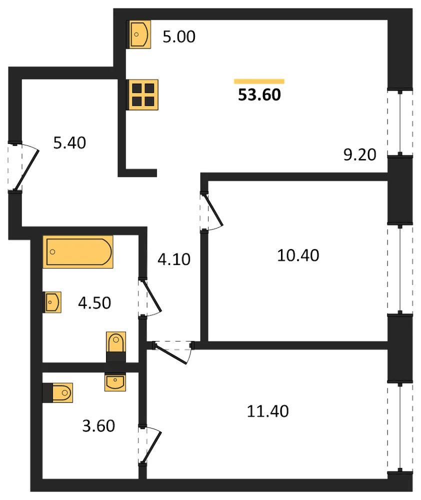 Планировка: 2-комн., 53,6 м²