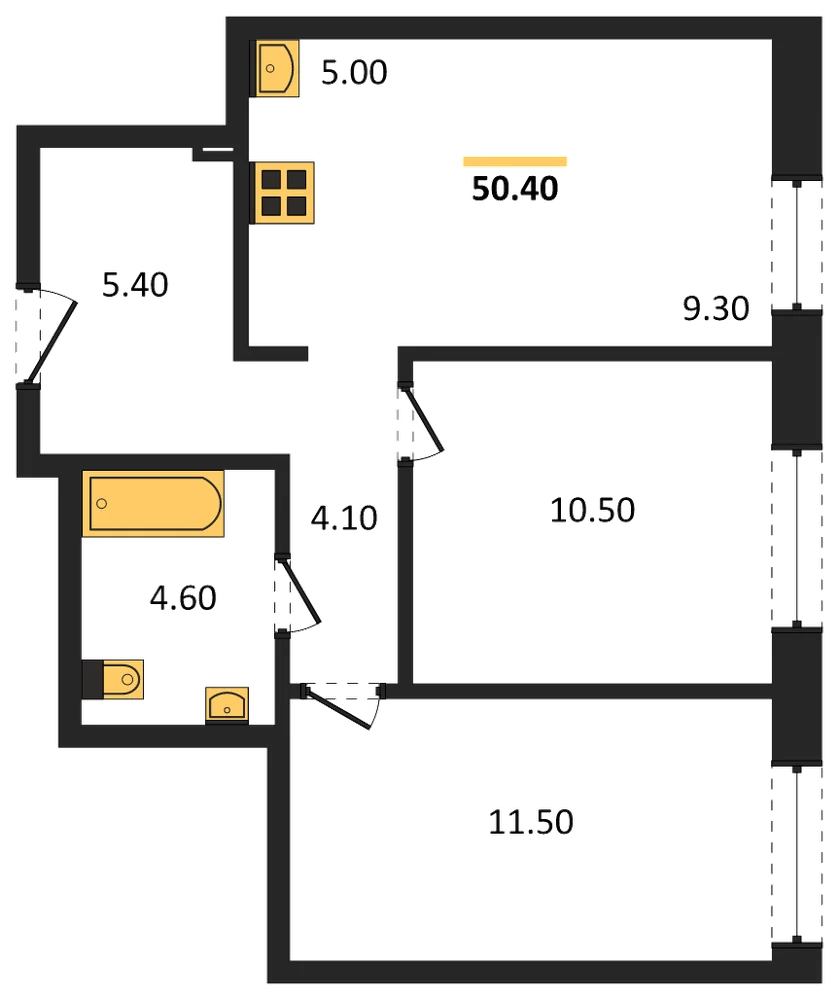 Планировка: 2-комн., 50,4 м²