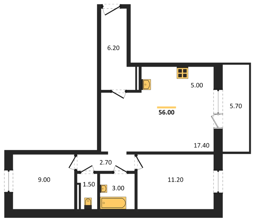 Планировка: 2-комн., 56,3 м²