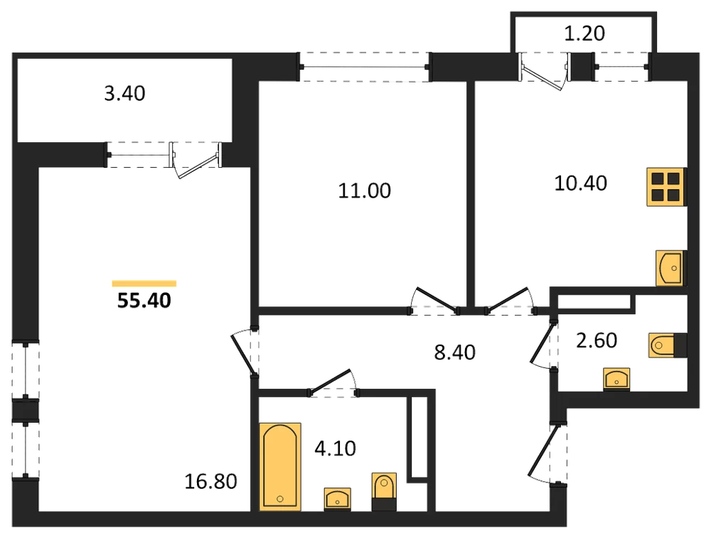 Планировка: 2-комн., 54,9 м²
