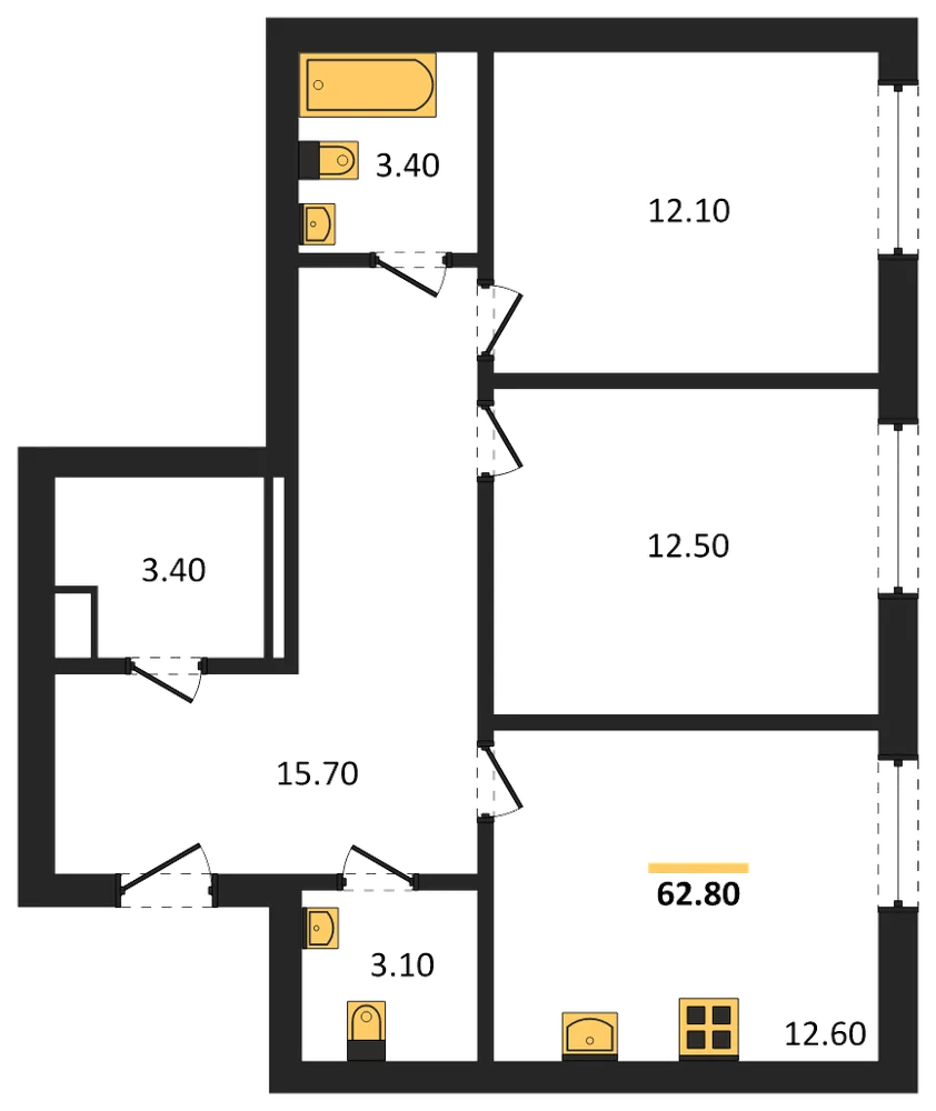 Планировка: 2-комн., 62,8 м²