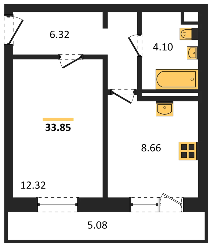 Планировка: 1-комн., 33,9 м²