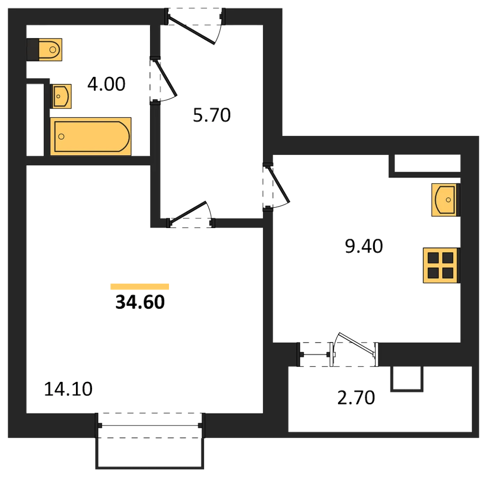 Планировка: 1-комн., 34,6 м²