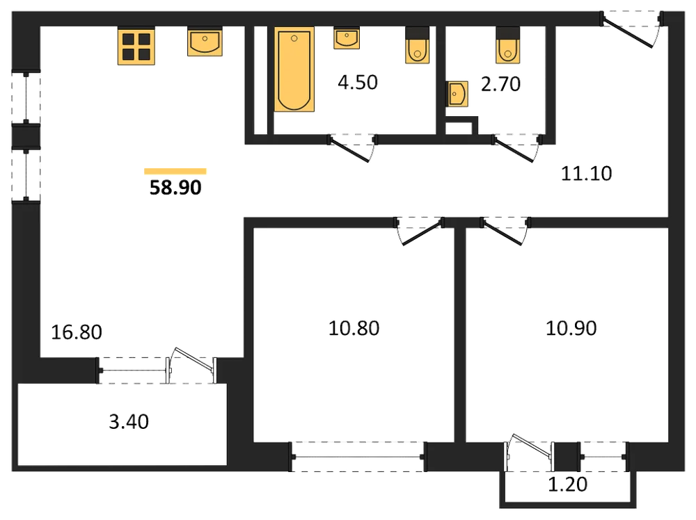 Планировка: 2-комн., 58,5 м²
