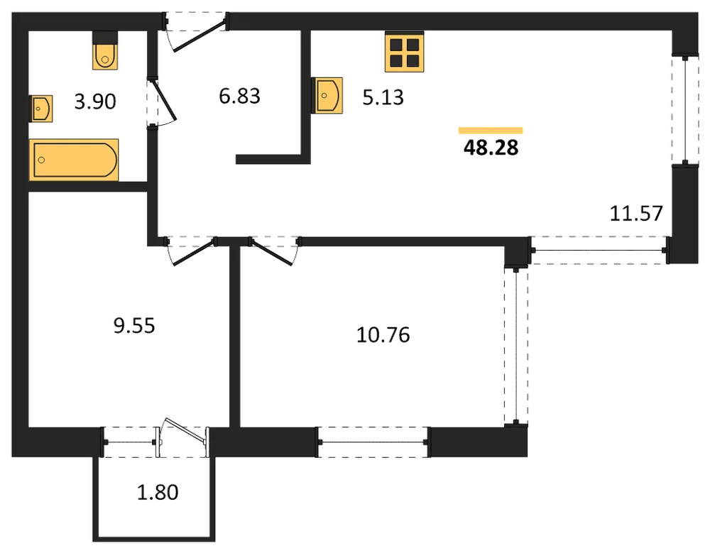 Планировка: 3-комн., 48 м²