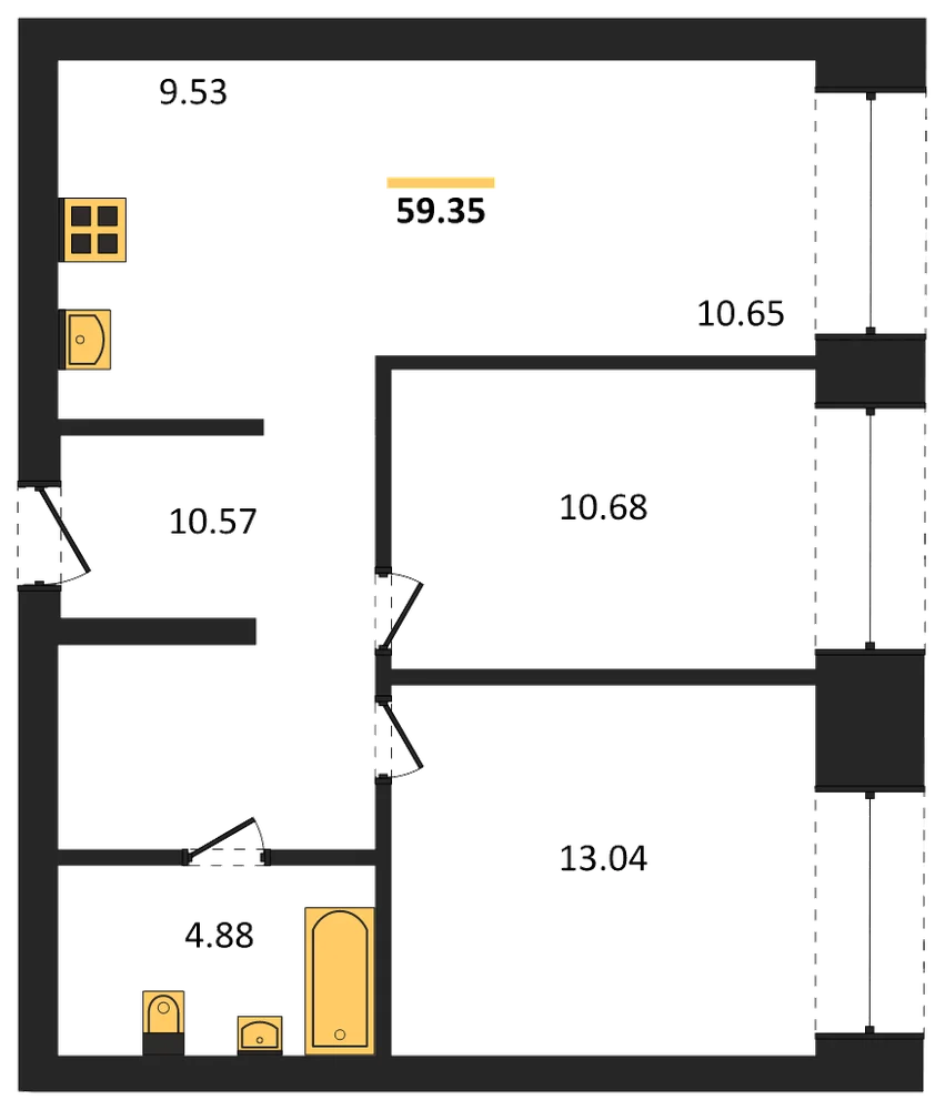 Планировка: 2-комн., 59,3 м²