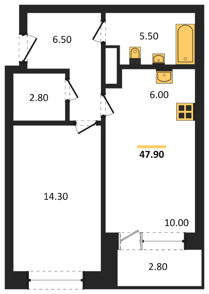 Планировка: 1-комн., 47,9 м²