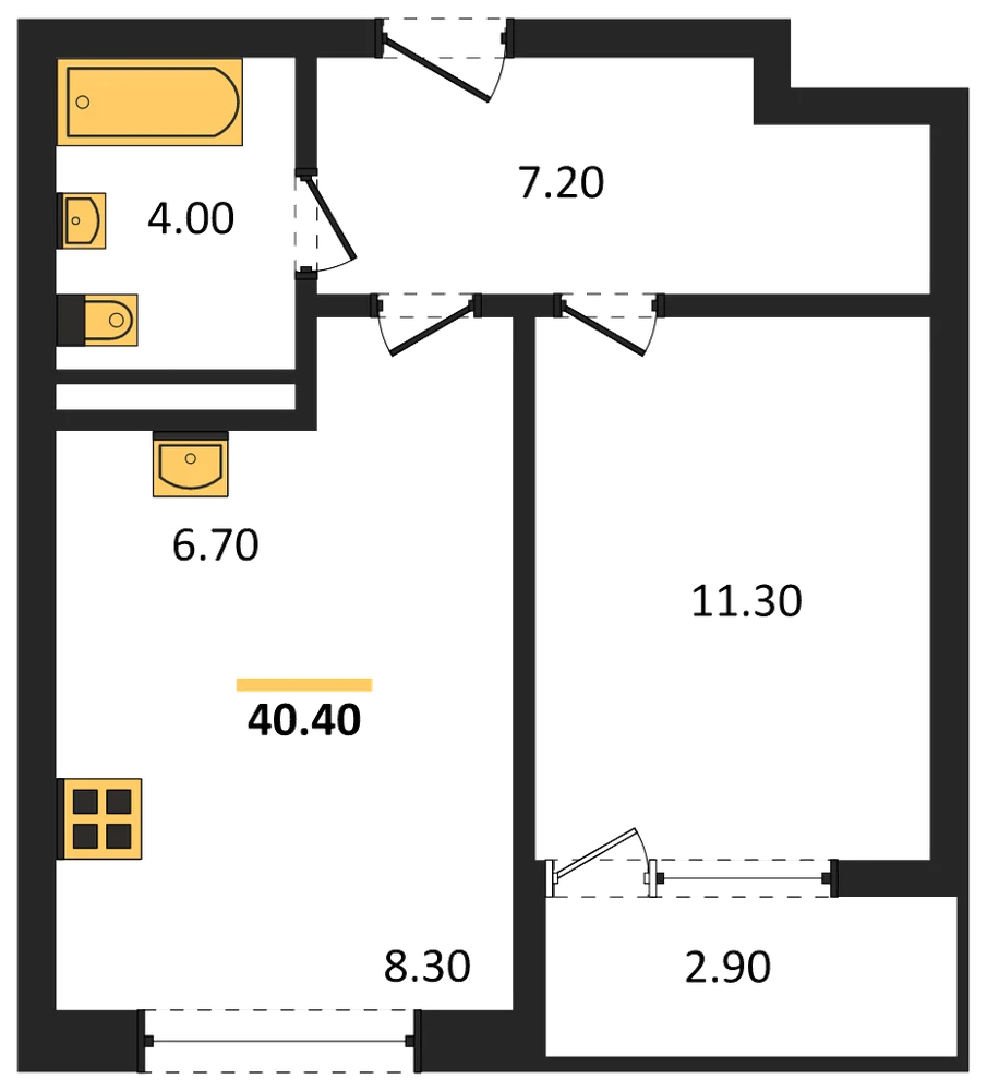 Планировка: 1-комн., 40,4 м²