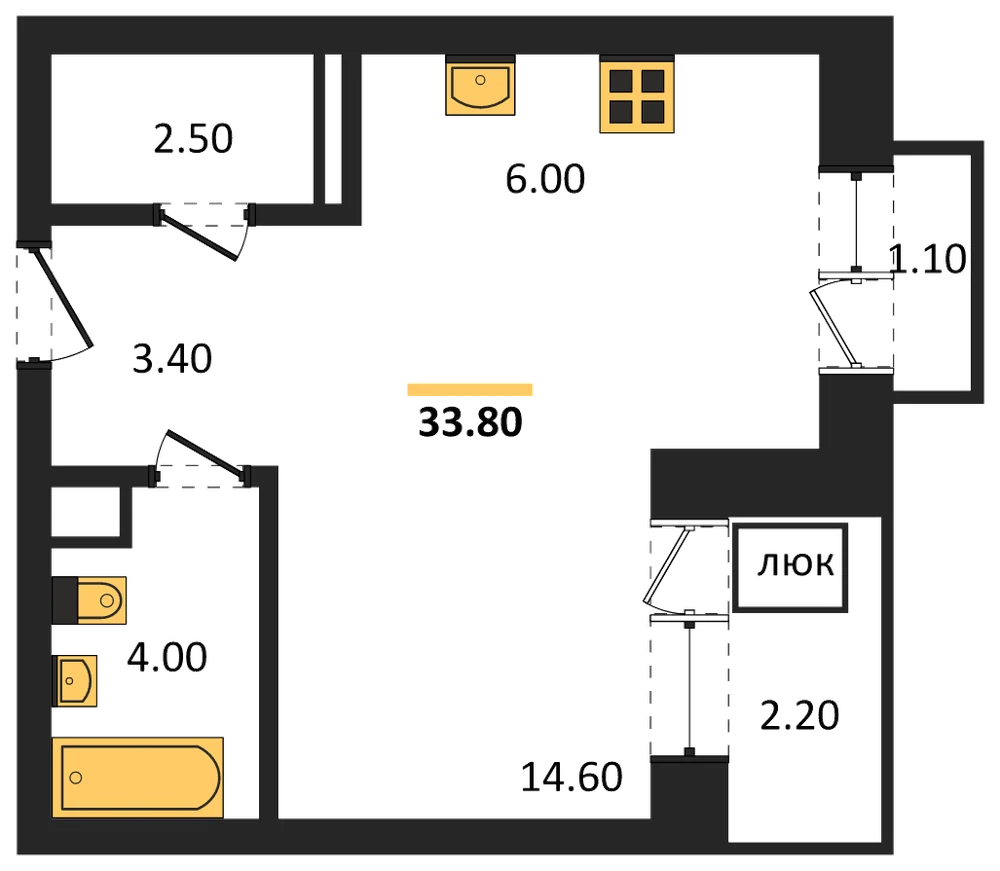Планировка: Студия, 33,8 м²