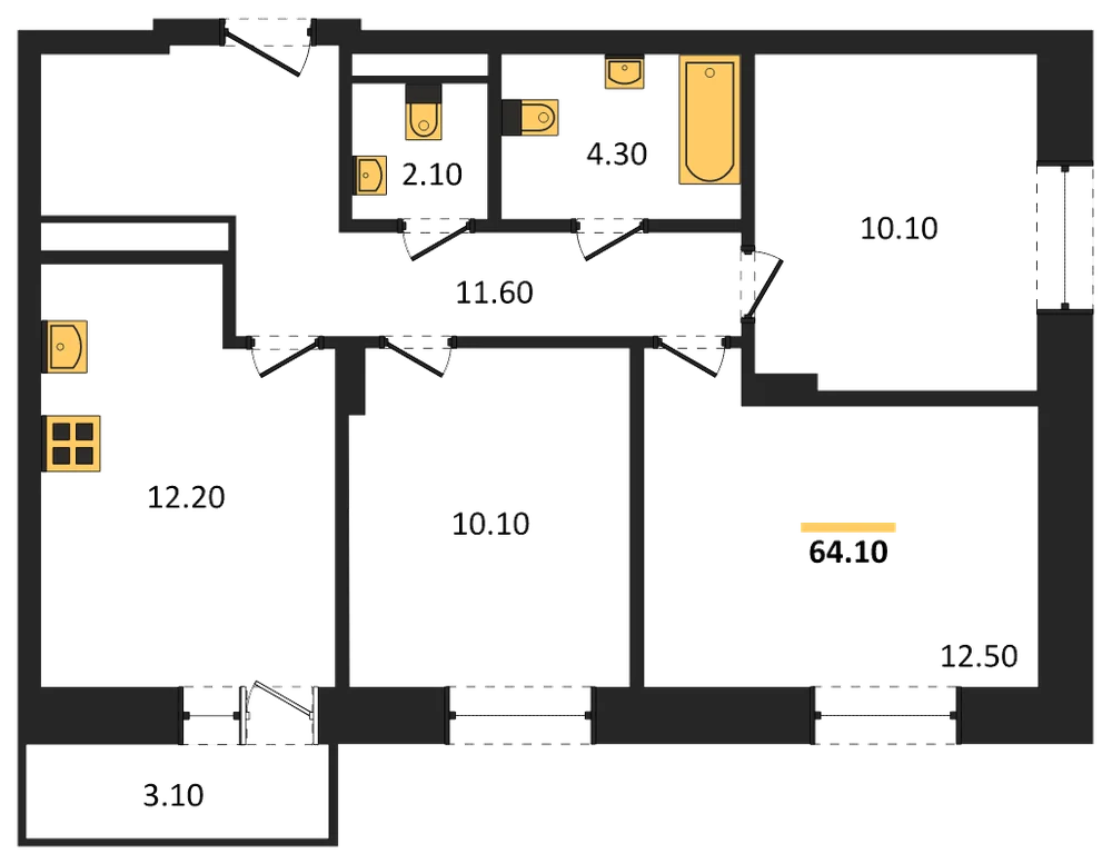 Планировка: 3-комн., 61,9 м²