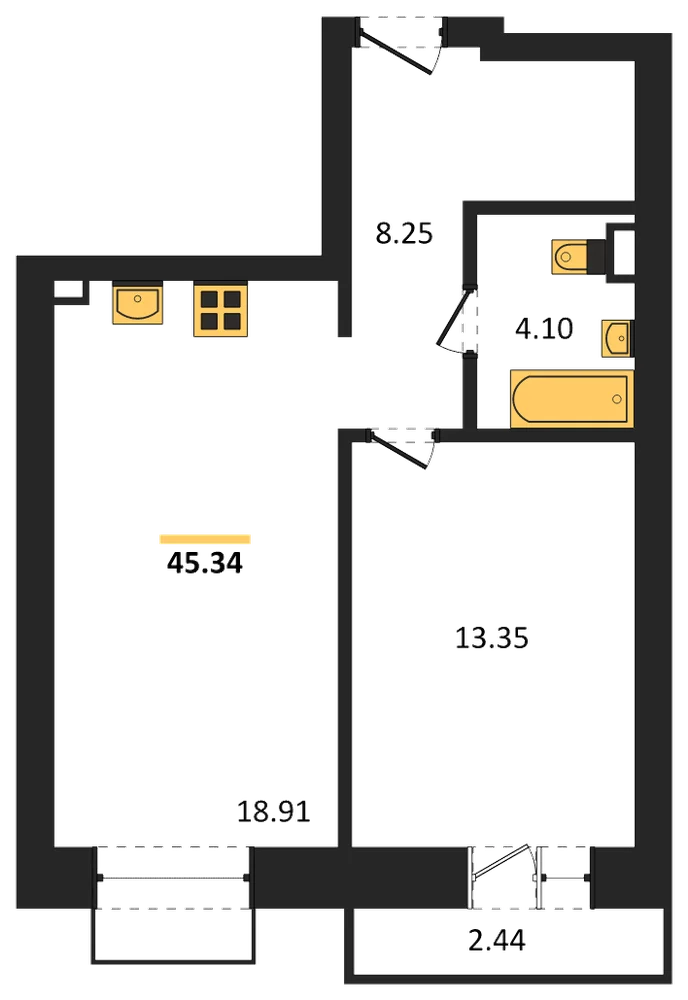 Планировка: 1-комн., 45,3 м²
