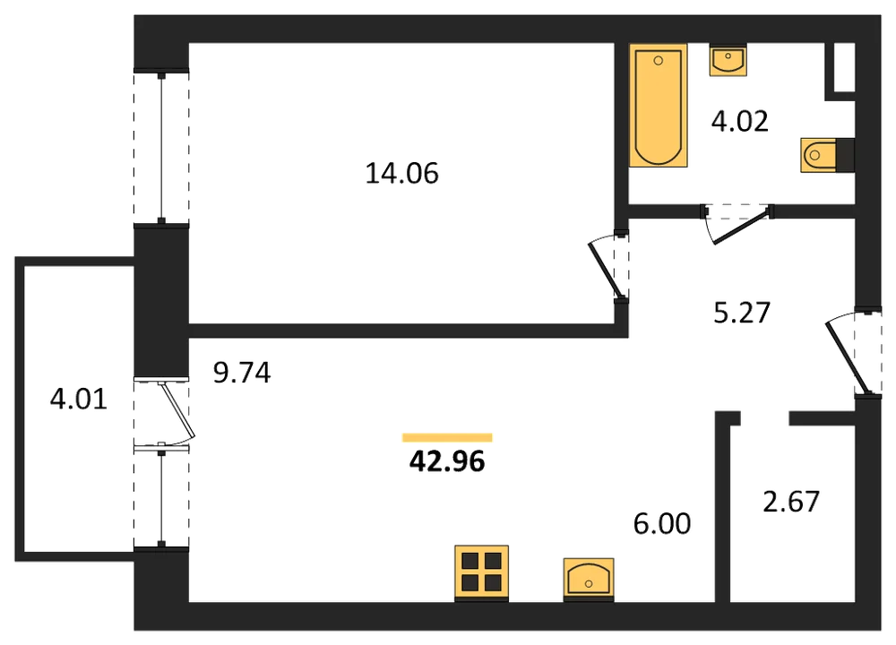 Планировка: 1-комн., 43 м²