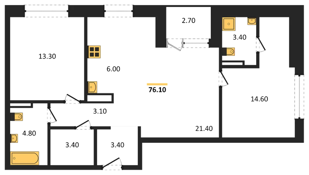 Планировка: 2-комн., 76,1 м²