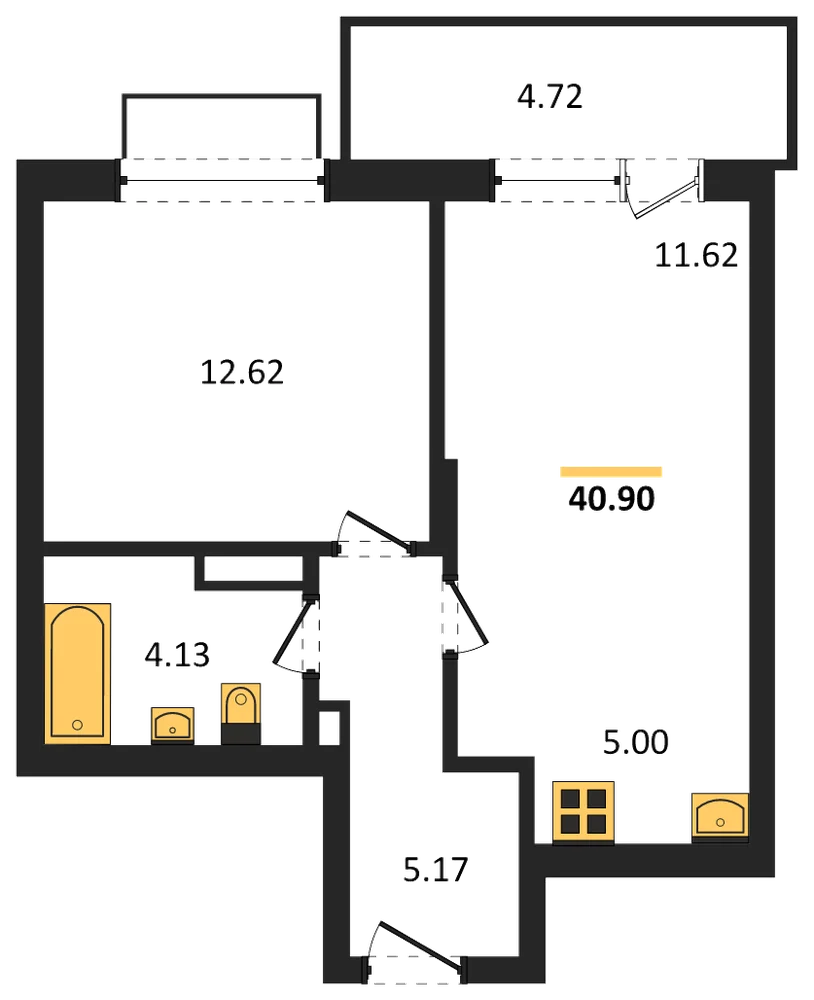 Планировка: 1-комн., 40,9 м²