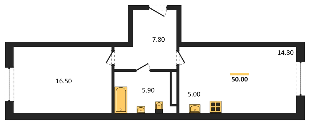 Планировка: 1-комн., 50 м²