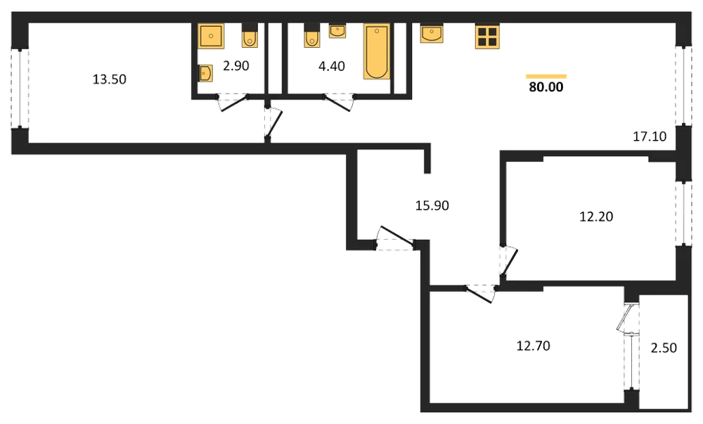 Планировка: 3-комн., 80 м²