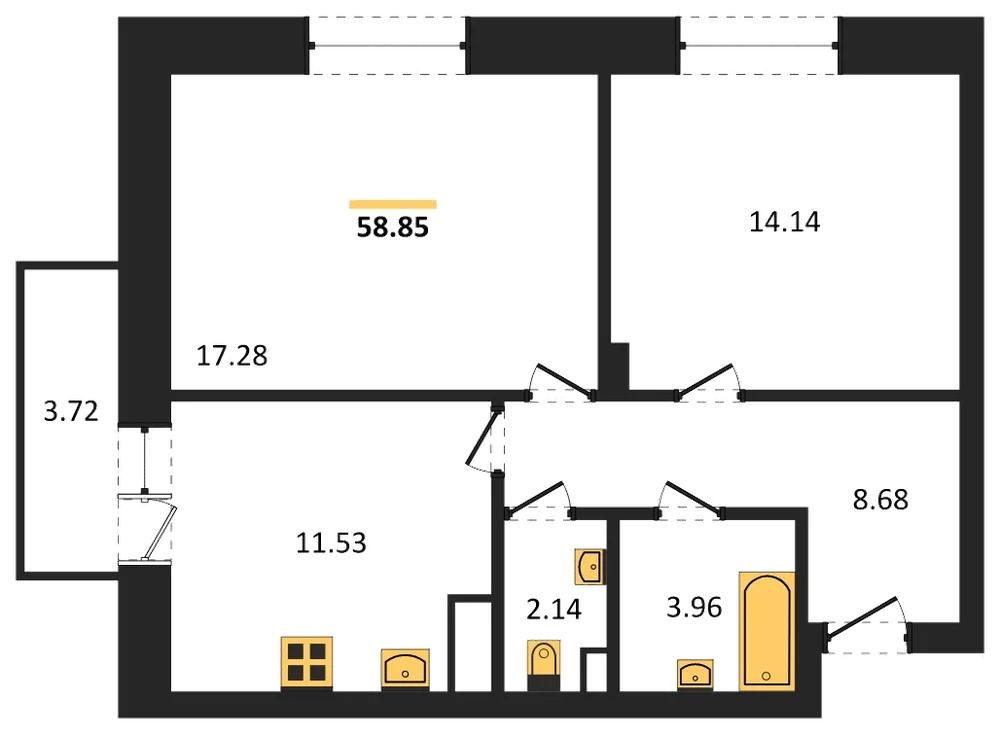 Планировка: 2-комн., 58,9 м²