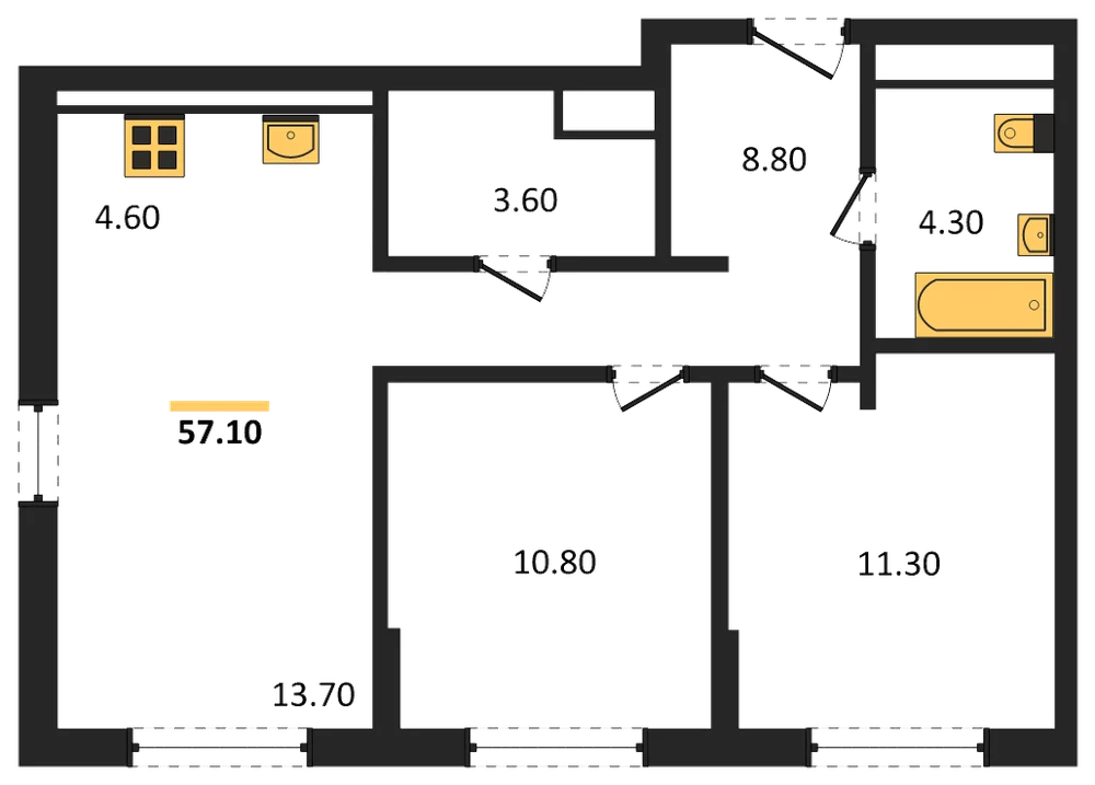 Планировка: 2-комн., 57,1 м²