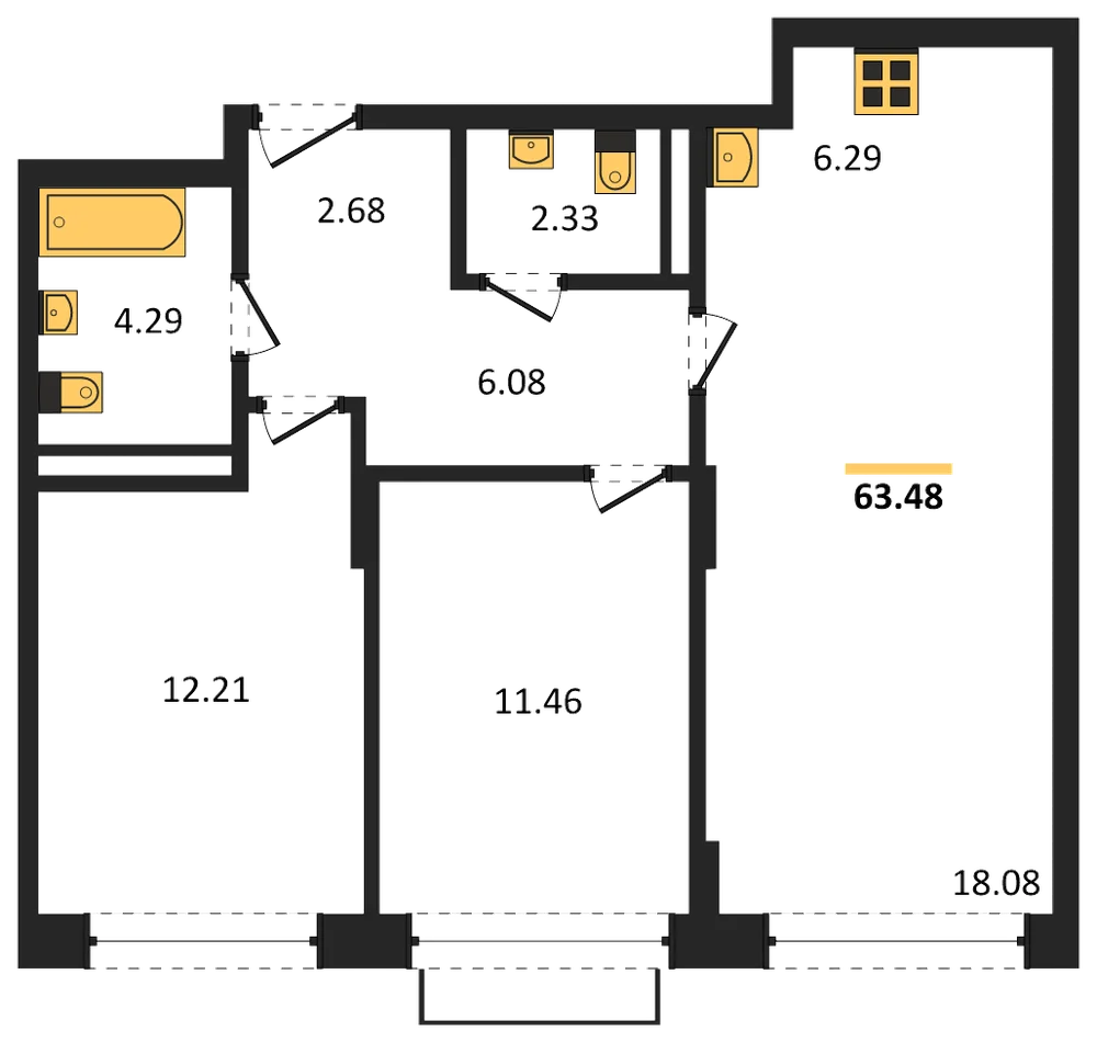 Планировка: 2-комн., 63,5 м²