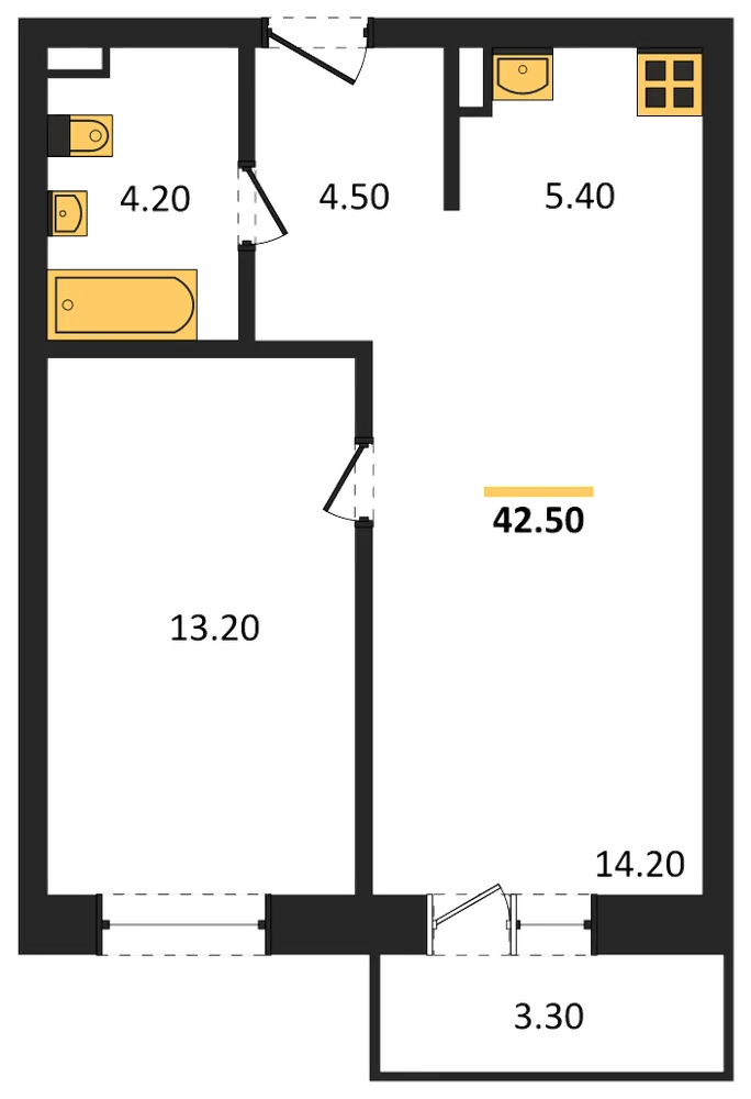 Планировка: 1-комн., 42,5 м²