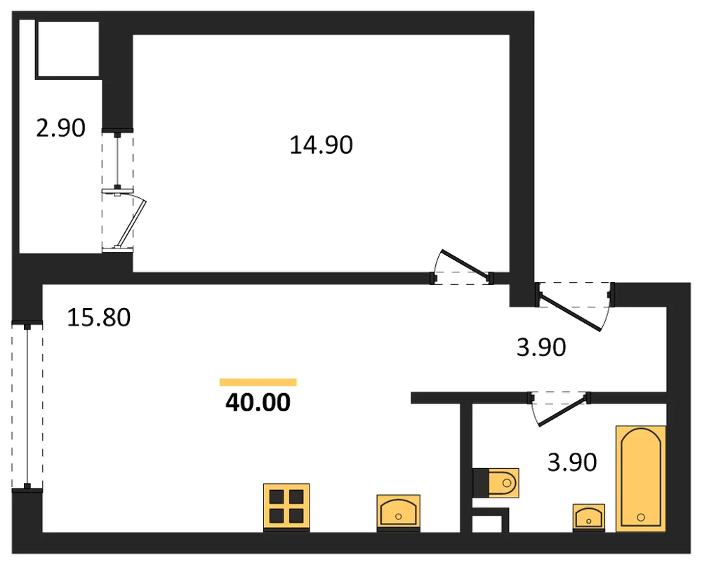 Планировка: 1-комн., 40 м²