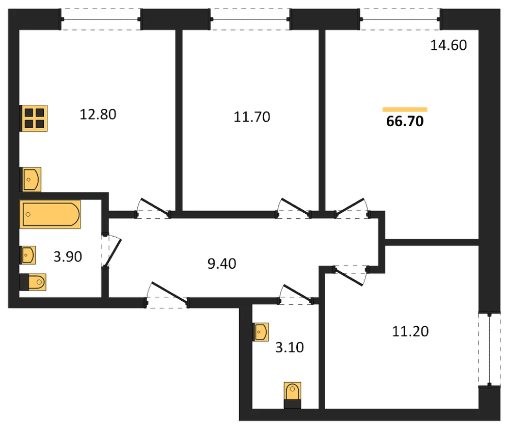 Планировка: 3-комн., 66,7 м²