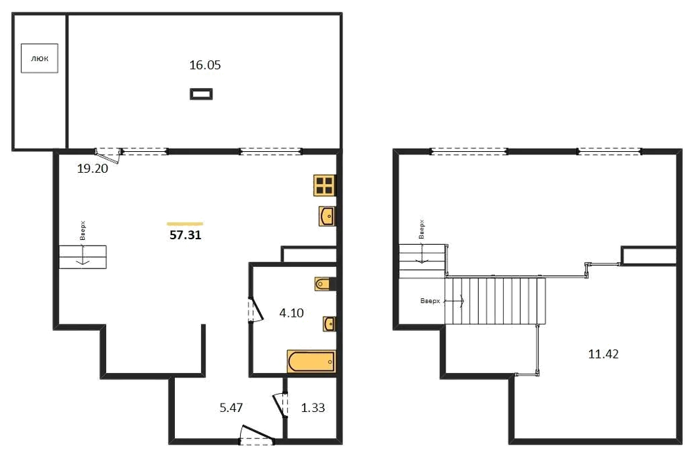 Планировка: 1-комн., 57,3 м²