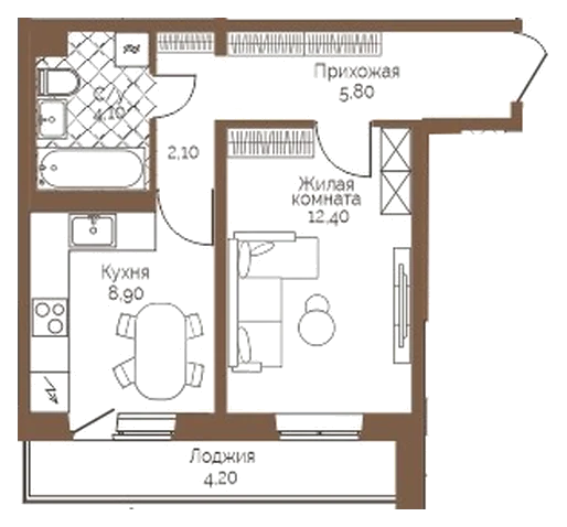 Планировка: 1-комн., 35,4 м²