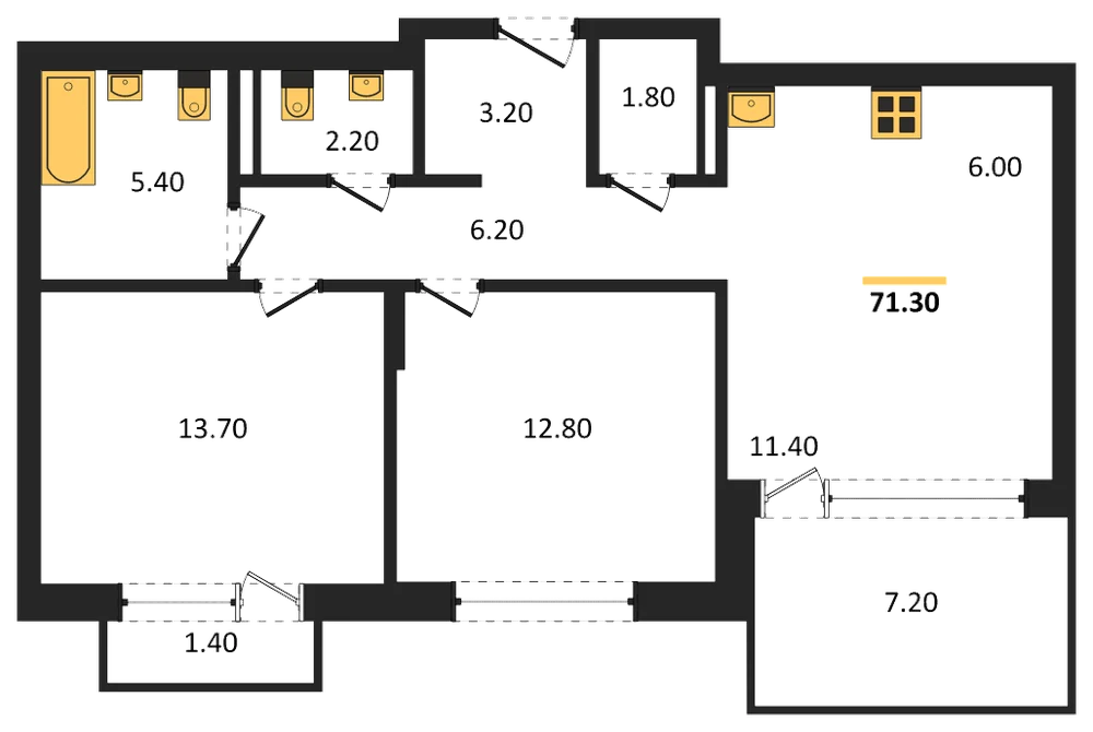 Планировка: 2-комн., 71,3 м²