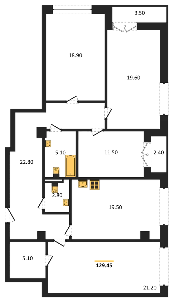 Планировка: 4-комн., 129,3 м²