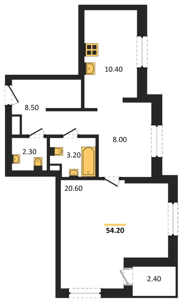Планировка: 1-комн., 54,2 м²