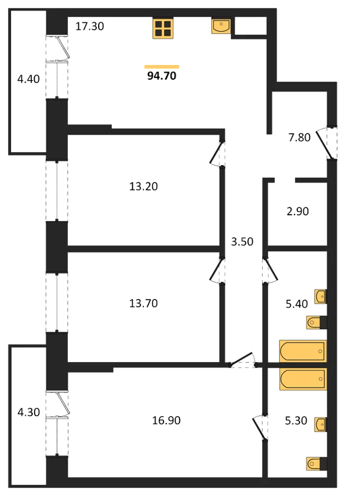 Планировка: 3-комн., 88,6 м²