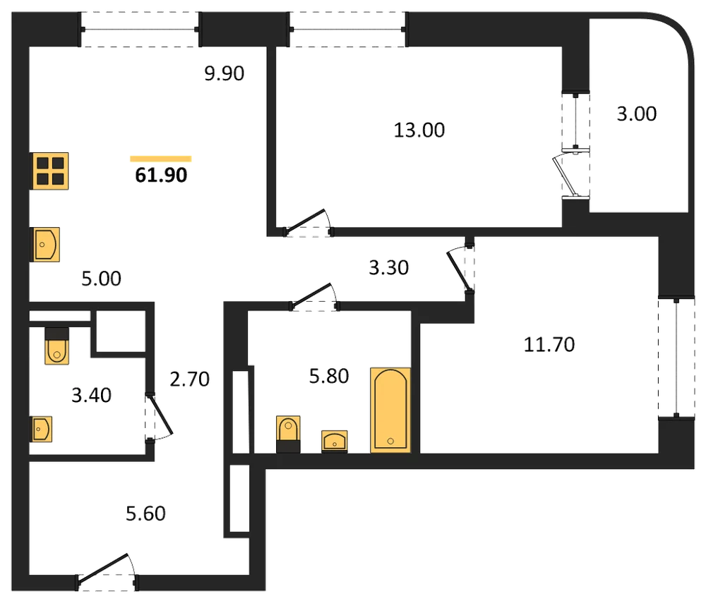 Планировка: 3-комн., 61,9 м²