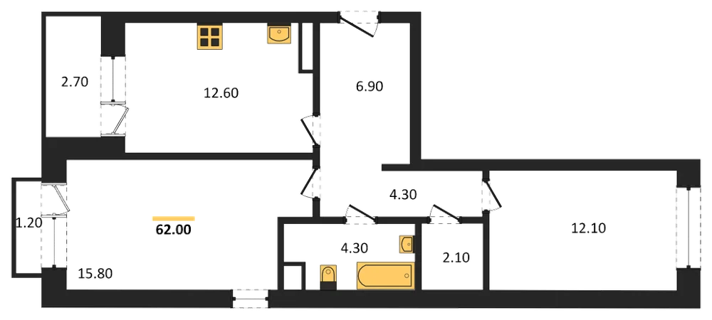 Планировка: 2-комн., 62 м²