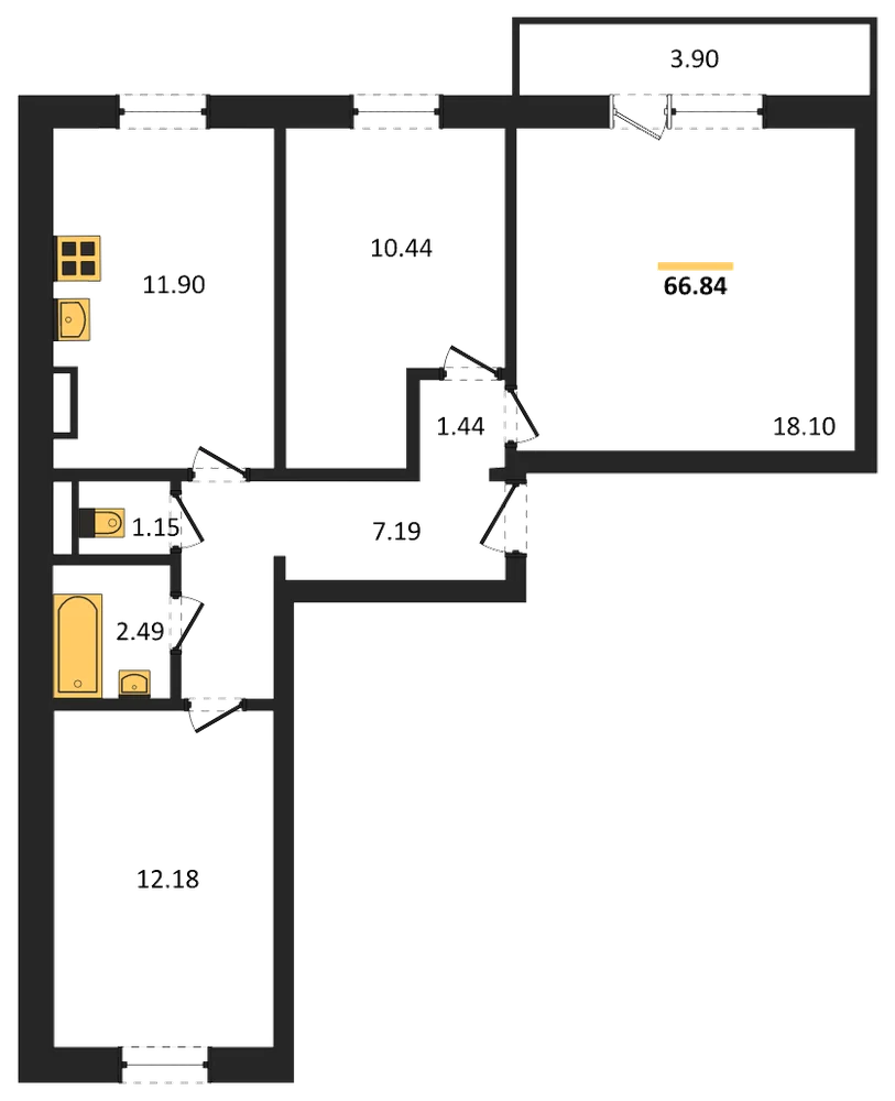 Планировка: 3-комн., 66,8 м²