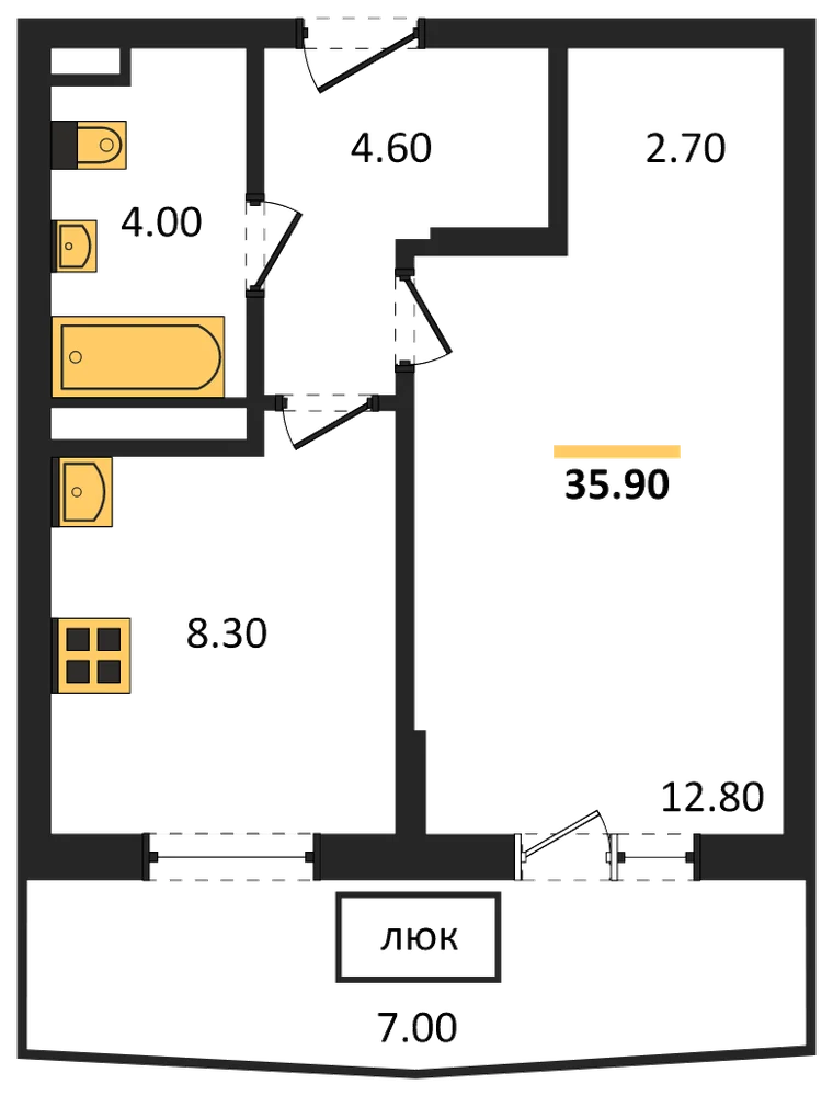 Планировка: 1-комн., 35,9 м²