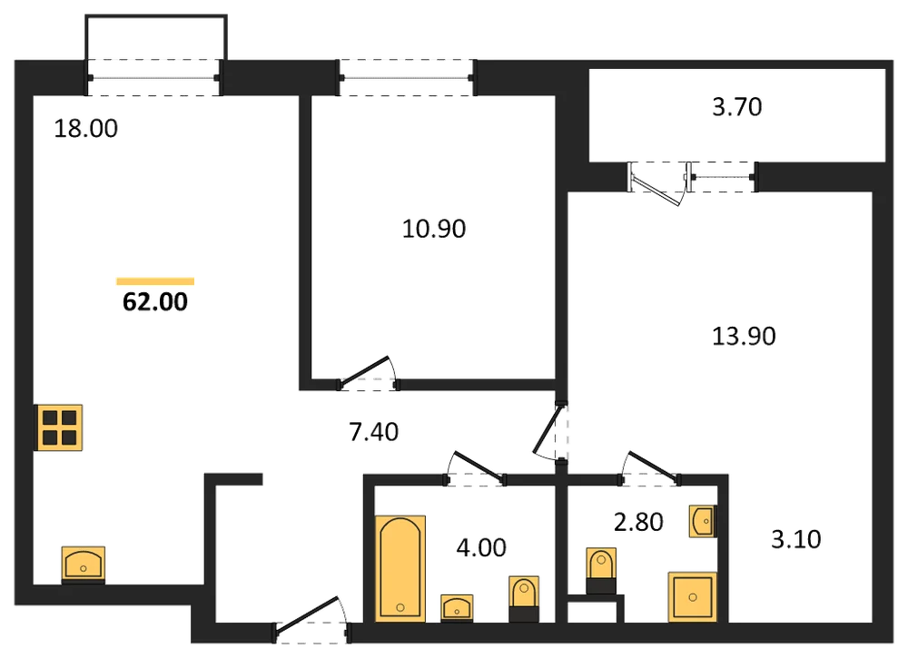 Планировка: 2-комн., 62 м²