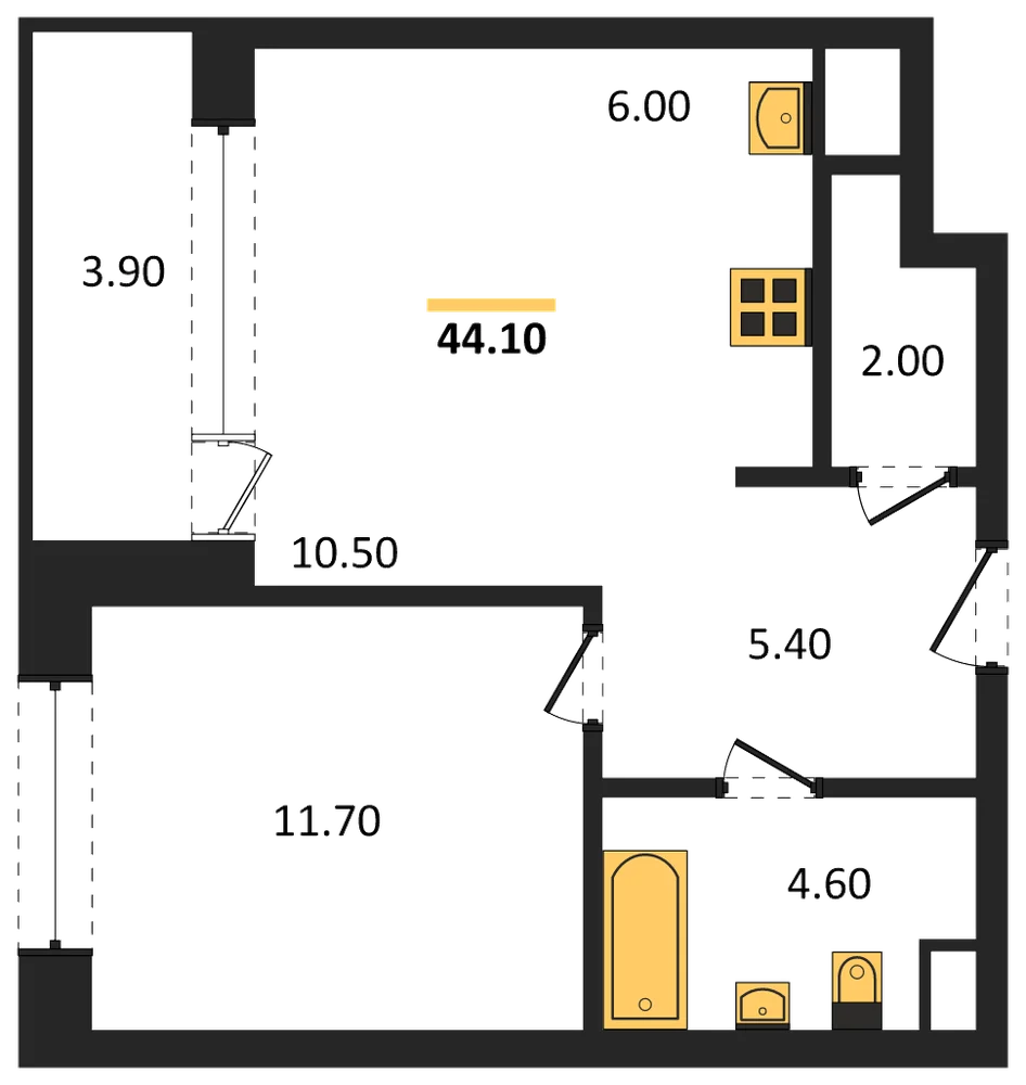 Планировка: 1-комн., 44,1 м²